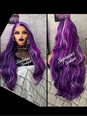 Human Hair Blended Lace Front Wig Purple Ombre Long Wavy Wig